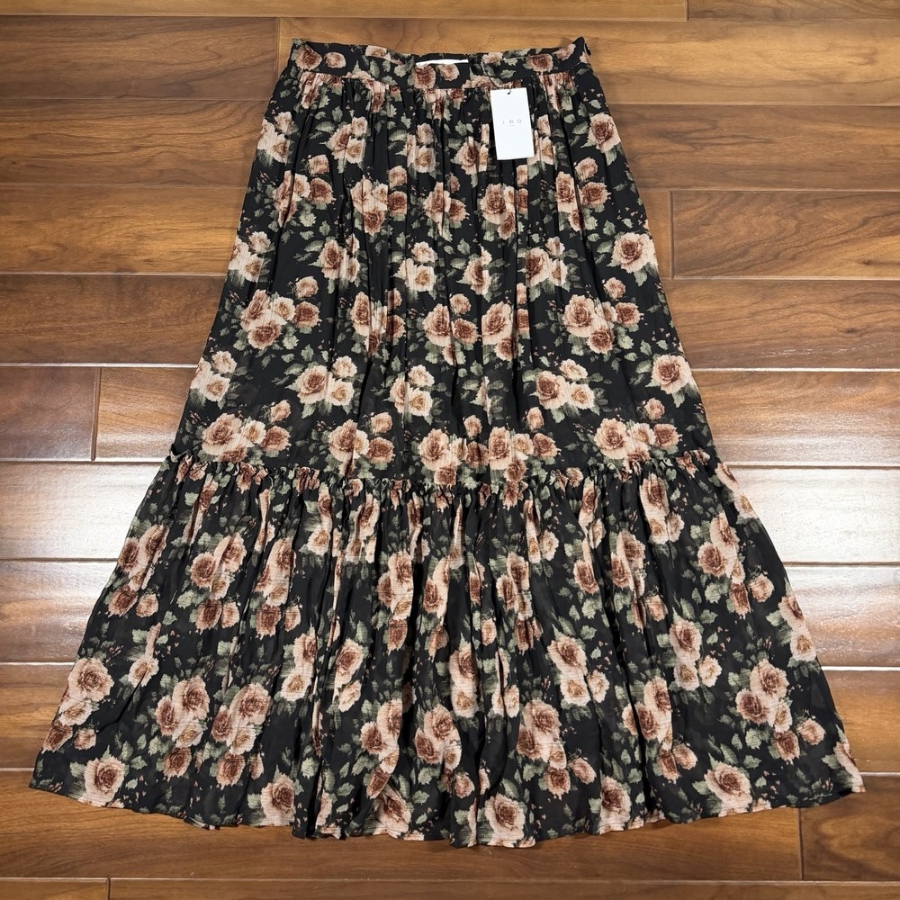 IRO Women's Size 44 / US Large / 12 Black Floral Luano Chiffon Ruffle Maxi Skirt